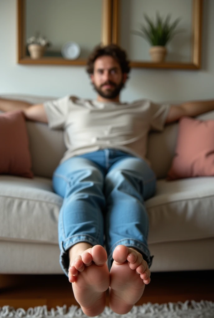 sitting with legs wide open on couch.