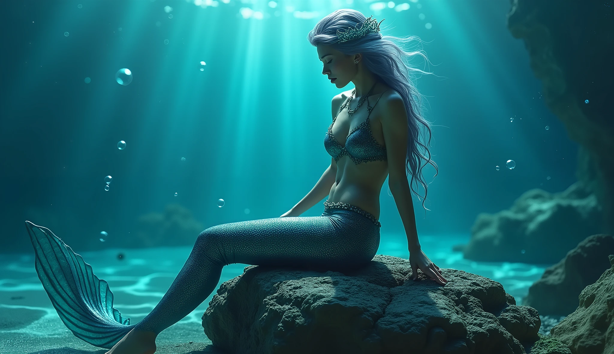 A mystical mermaid sitting on a rock at the bottom of the ocean, her long hair flowing with the gentle waves. Her tail shimmers with beautiful iridescent colors, and her outfit is designed to be revealing and seductive. Soft blue light filters through the water, creating a serene and enchanting atmosphere, with bubbles softly drifting around her.