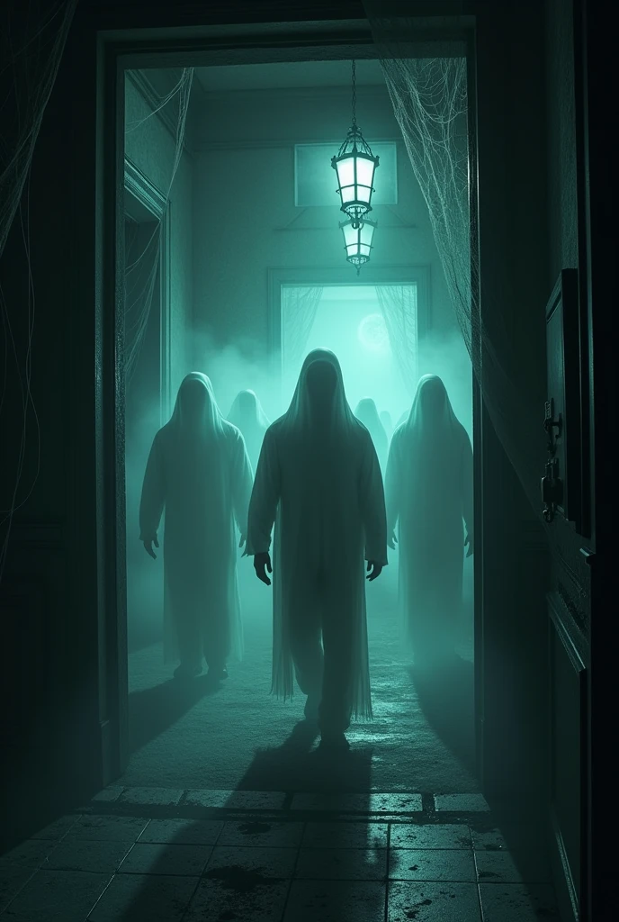 Make a group of men going in to a horror house make them as a ghost in a room