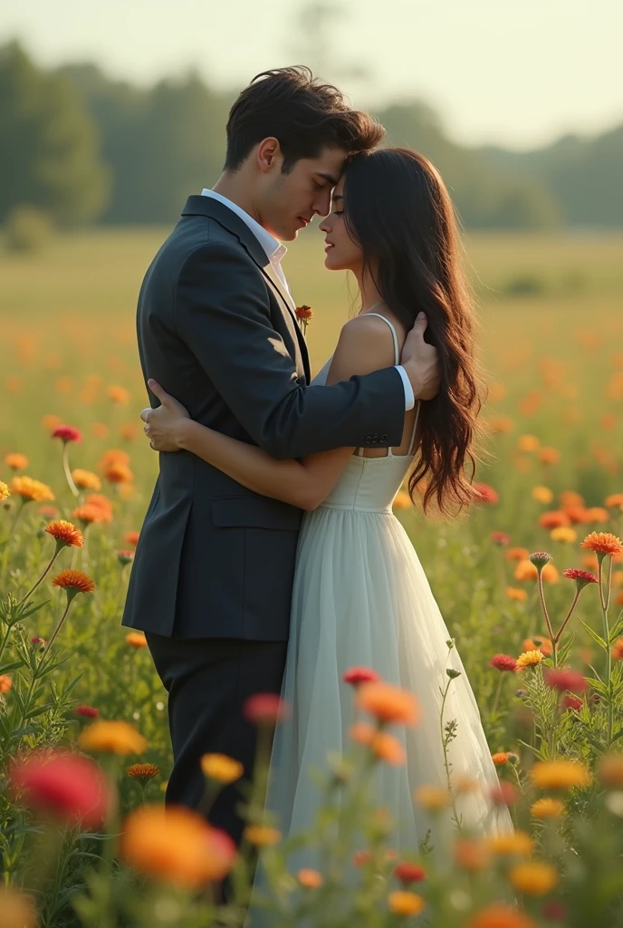 A warm young man in a suit hugs a black-haired woman in a white dress who is crying in a field of flowers.