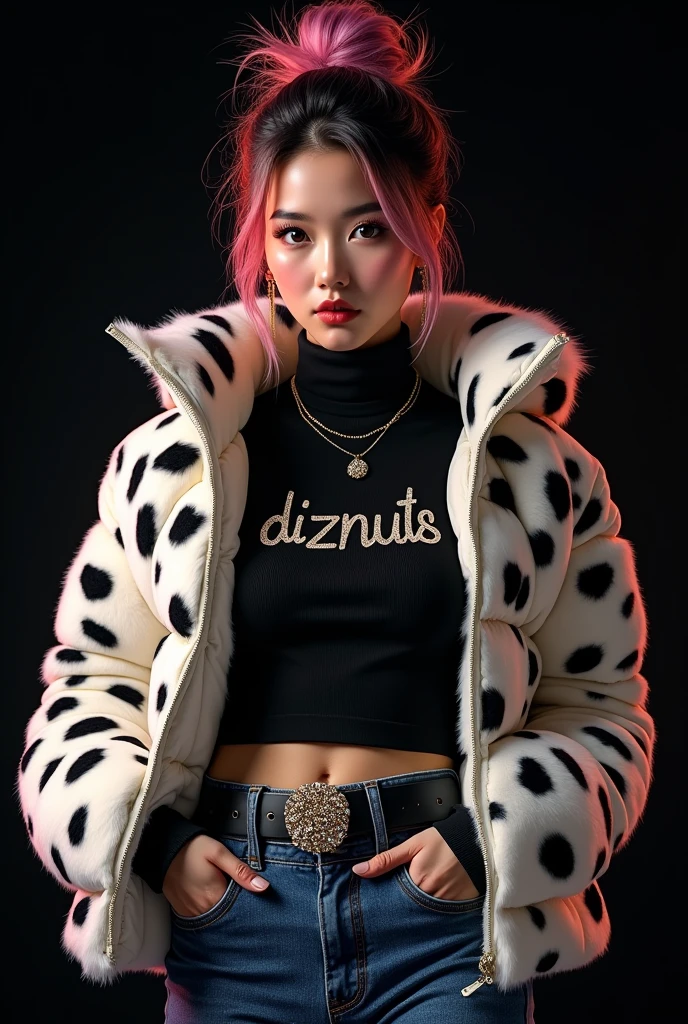 beautiful tanned japanese woman, wearing a designer fur puffer crop dalmatian print jacket , and black turtle neck t-shirt underneath the coat, write "DIZNUTS" with glitter on t-shirt, (t-shirt tucked in) (t-shirt underneath pants) tucked in the t-shirt inside underneath jeans pants, big diamond buckle leather belt, thick eyebrows, photorealistic, masterpiece, moncler, messy bun pink highlighted hair, open the jacket, lips pouting, pouts, void black background, glitters and particles and nice lighting, UHD, HDR, 8k, Masterpiece