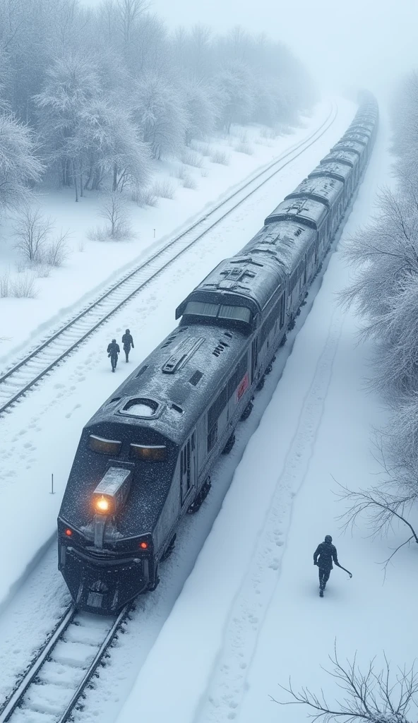 sci-fi, fantasy, snowpiercer, a modern armoured train with 1,000 cars traversing a snowy wilderness, an apocalyptic vision of a frozen and snow-covered world, a moving train breaking through snowdrifts, a bird's-eye view of a snowy and frozen land and a moving train, 
