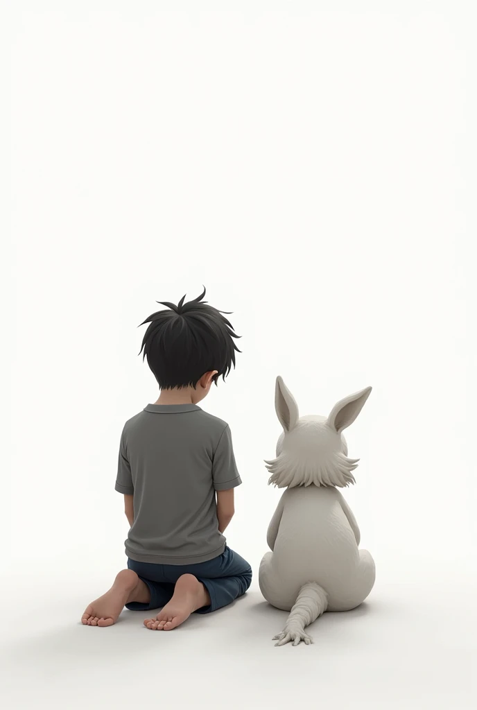 A boy and a are sitting on their knees, they have folded hands, their backs are towards us and they are scared. The background is completely white.