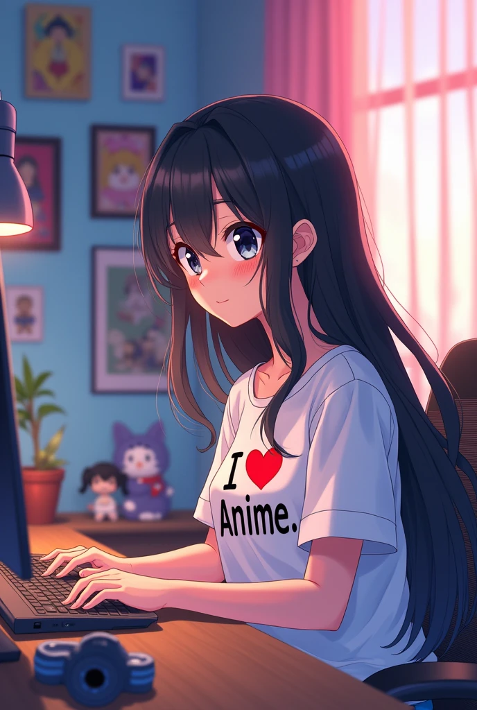 Create an anime girl whose eye color is black,black long hair,wearing an "I LOVE ANIME"  aesthetic  T-shirt. and doing her video editing.Her room theme is pastel pink and purple.Her wall is full of anime.Her face expression is happy.Her skin tone is ivory
