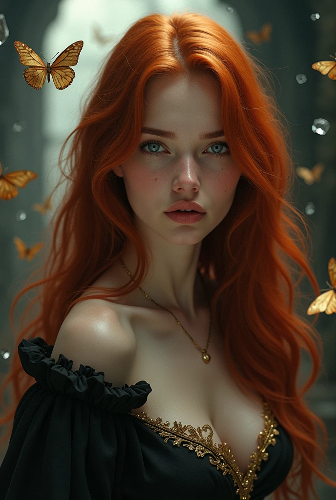 (solo, full body photo:1.3), (action packed:1.3), (haze, fog, mist:1.3), chiaroscuro, best quality, photorealistic, 1woman, (cute), (24yo:1.2), redhead, long ginger hair highly detailed, 1700'S, digital photography, art by artgerm and ruan jia and greg rutkowski surreal painting gold butterfly filigree, broken glass, (masterpiece, sidelighting, finely detailed Fashionable eyes: 1.2) (perfect oval large eyes that gazes at the viewer), beautiful detailed face, blue gorgeous perfect eyes, (blonde hair ponytail), (attractive young woman:1.3), (thick amazing hair), (seductive:1.1), (blushing:1.1)