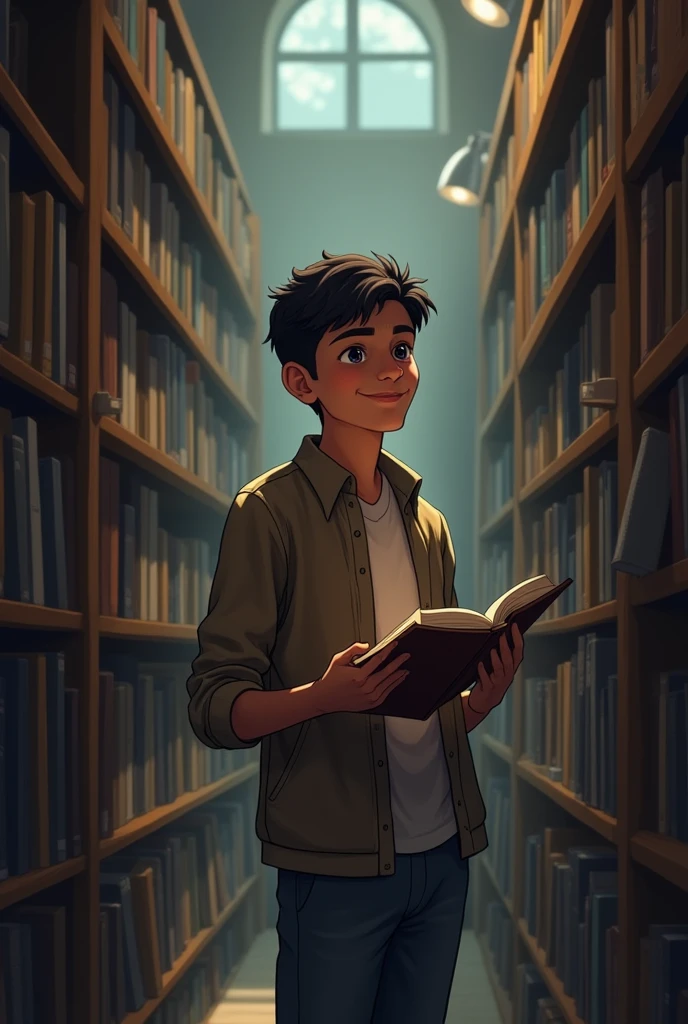 Suddenly, the scene changes. Ali finds himself back in the bookstore, holding the now closed book. The man is standing in front of him, smiling.)