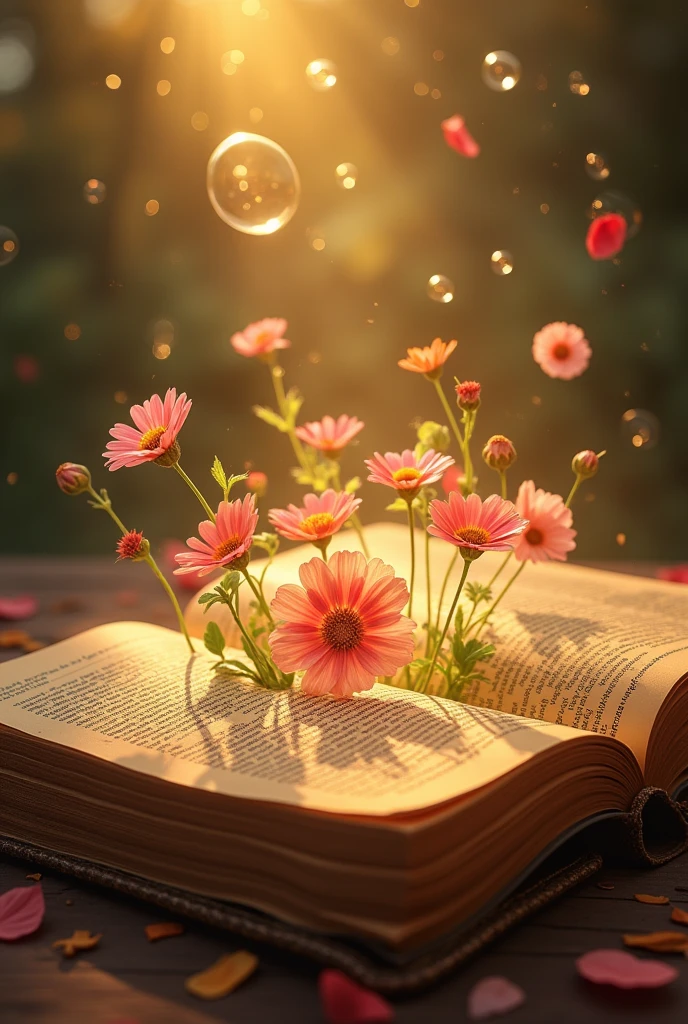"開かれたThe Bible表面に置かれている詳細な画像を作成する, Golden light radiates from the pages. The light softly illuminates the surroundings., and delicate Flowers of various colors should appear to be growing out of the Bible, Intertwined with light. Fantastic bubbles gently fly around, Add life and movement to your scene. The background should be subtle, The Bible, Flowers, Make the bubbles the main focus of the image."