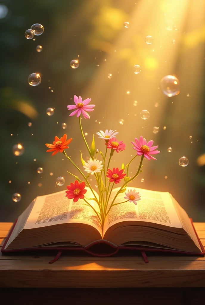"開かれたThe Bible表面に置かれている詳細な画像を作成する, Golden light radiates from the pages. The light softly illuminates the surroundings., and delicate Flowers of various colors should appear to be growing out of the Bible, Intertwined with light. Fantastic bubbles gently fly around, Add life and movement to your scene. The background should be subtle, The Bible, Flowers, Make the bubbles the main focus of the image."