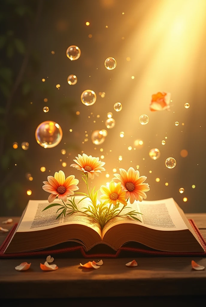 "開かれたThe Bible表面に置かれている詳細な画像を作成する, Golden light radiates from the pages. The light softly illuminates the surroundings., and delicate Flowers of various colors should appear to be growing out of the Bible, Intertwined with light. Fantastic bubbles gently fly around, Add life and movement to your scene. The background should be subtle, The Bible, Flowers, Make the bubbles the main focus of the image."