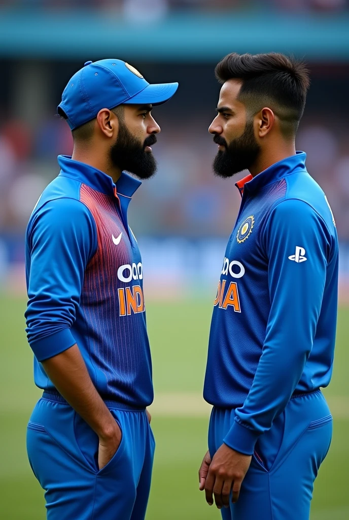 Virat Kohli and Rohit sharma meeting each other in the Indian jersey
