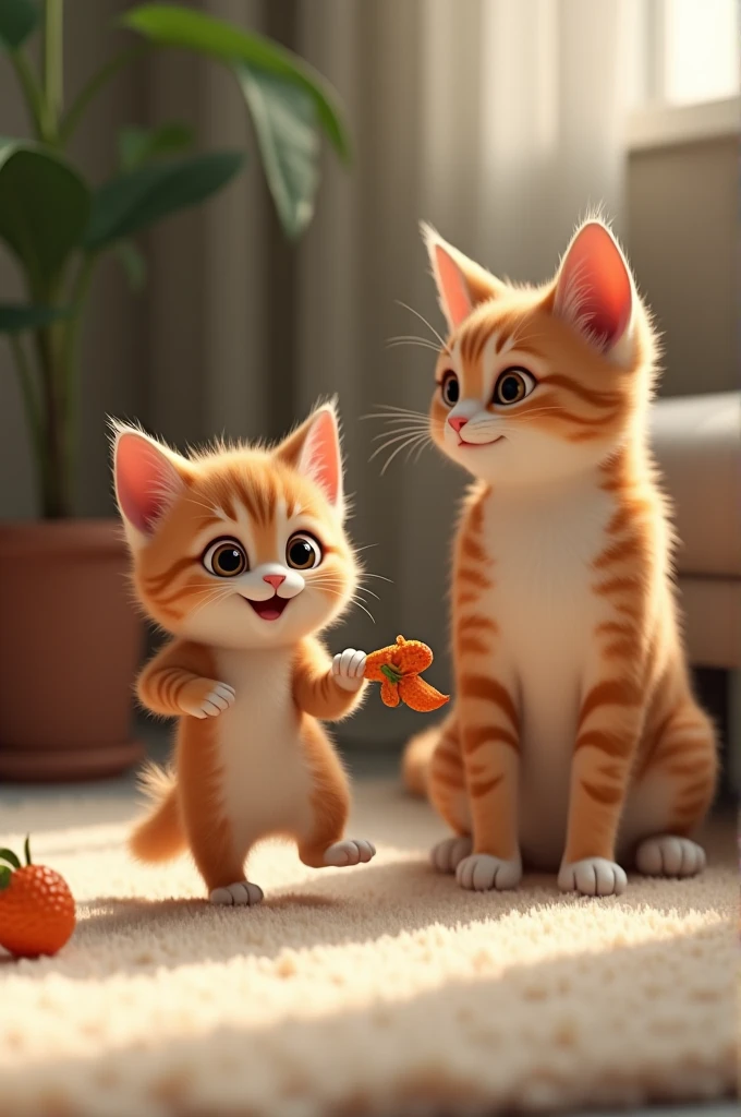 A baby cat is playfully swatting at a toy while the mother cat watches from a distance