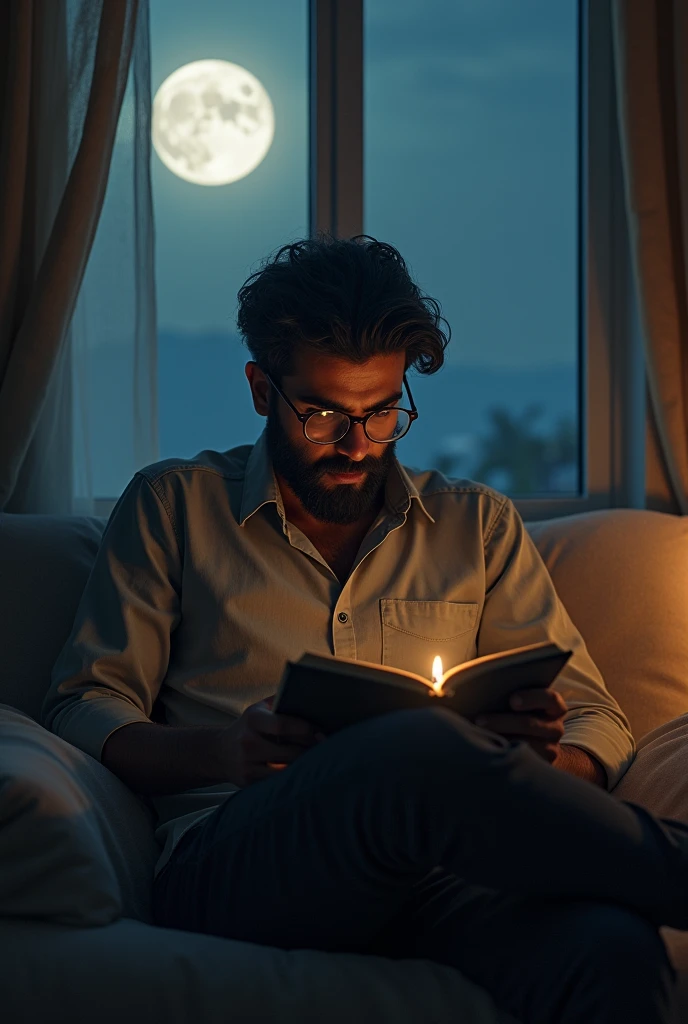 A 2 indian boy, with full grown beard and semi-round specs reading a novel by Dostoevsky and having a cigarette, the moon is behind in his room's window 