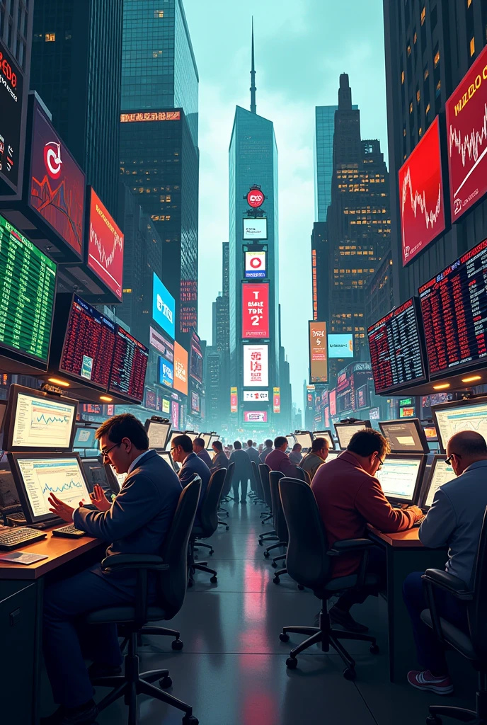 "Create a dynamic and visually striking image of the stock market in action. The scene should feature a bustling trading floor with large digital screens displaying fluctuating stock prices, charts, and graphs in vibrant colors like green, red, and blue. Traders are engaged, some looking at screens intensely, while others are on phones or gesturing. The background can show iconic financial district elements, such as tall skyscrapers with a mix of modern and classic architecture. The overall mood should convey the fast-paced, high-energy environment of the stock market, with a sense of movement and urgency in the atmosphere."