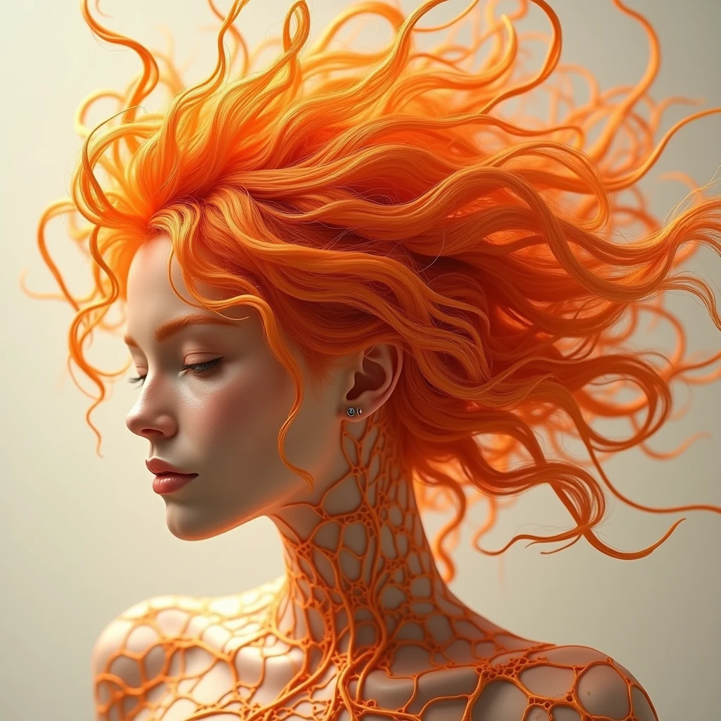A vibrant orange, with collagen fibers wrapping around thick, full strands of hair, illustrating the connection."