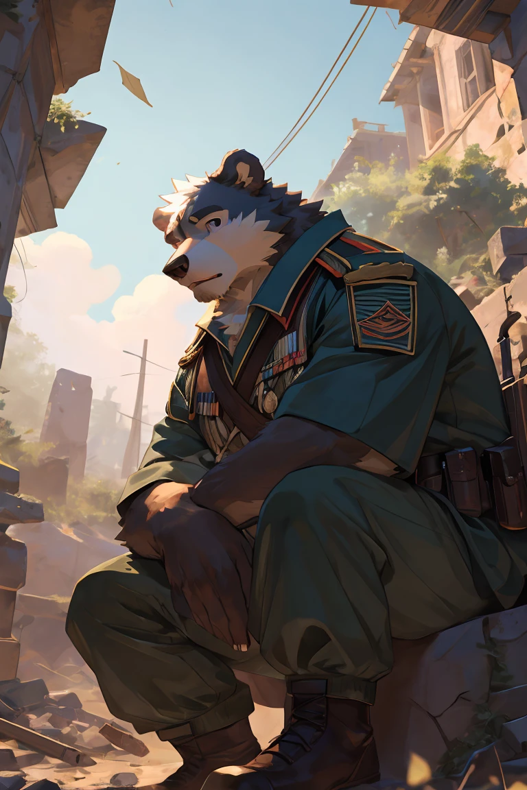 best quality，Ultra HD，Upper Body，The most exquisite eyes，Exquisite facial features，Close perspective，On the battlefield，male，Pure White Bear，soldier，Expression distressed，Sitting in the ruins with a red mushroom in his left hand，Black eyes，Tall and a bit fat，Upper Body穿着灰色短袖，The lower body is wearing green camouflage pants