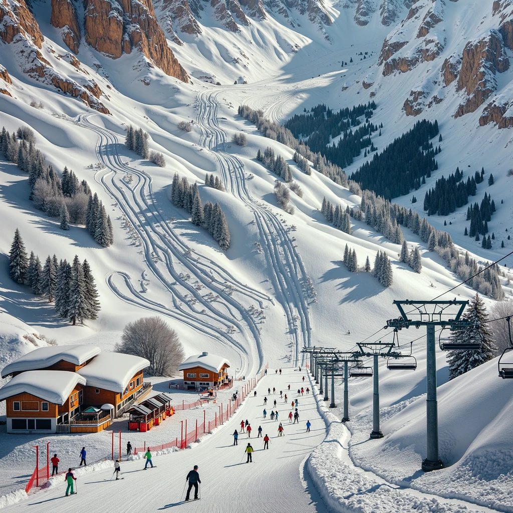 Ski trails can be seen going down the mountainside, surrounded by fresh snow. There are skiers of diverse descents and genders enjoying the trails, and one can spot ski lifts and chalets at the foot of the mountain. The scene is magnificent and invites one to ski in a wonderfully natural setting.