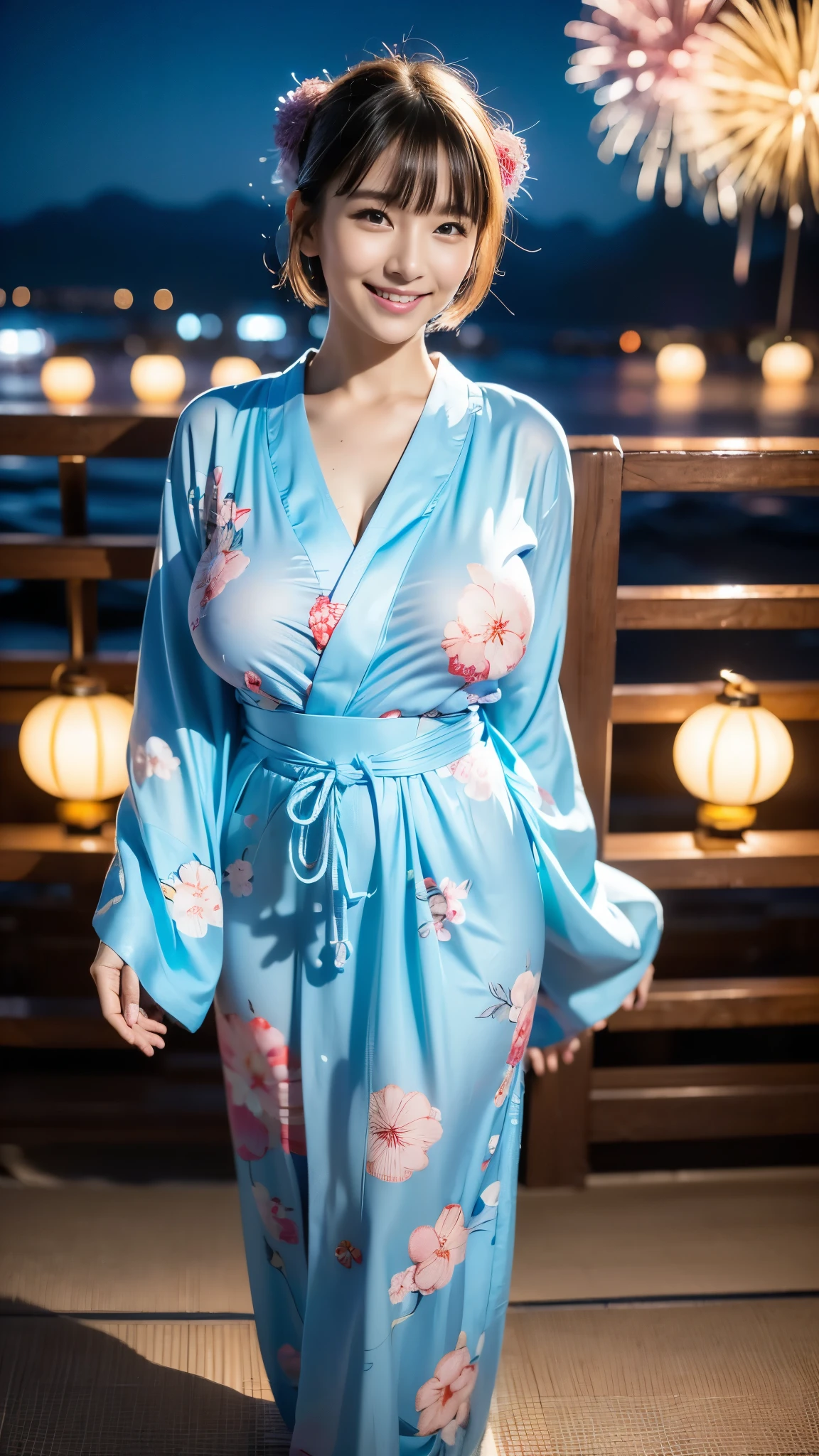 (8k,Ultra-high resolution,Highest quality,masterpiece,Realistic,Ultra-high resolution,High-quality RAW color photos,Professional photos,Realistic,Realistic),Natural skin texture,Fine skin,Hyperrealism,Intricate details,Adult women,Eye highlights,Glossy Lips,(Cute smile,Short Hair,Dark blonde hair,bangs),(((A light blue yukata with a flashy floral pattern,Tight yukata,geta))),((((Night Sky,Summer festival,firework,Large crowd))))Warm lighting,(gigantic breast,Shiny skin,See-through nipples,full body)