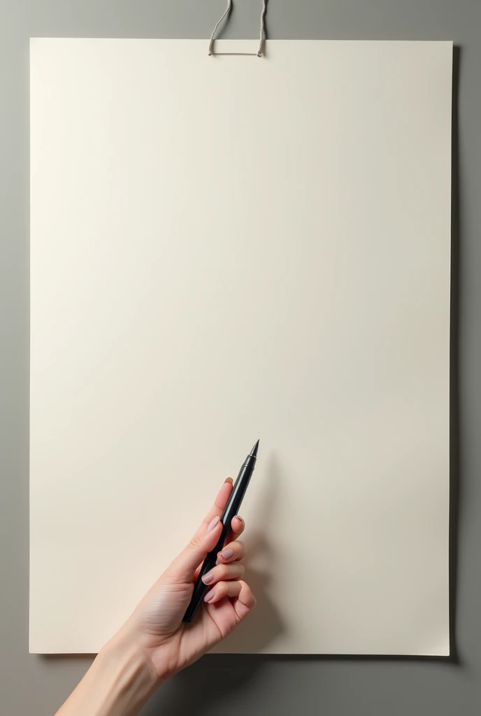 a female hand holding a pen in a long size paper (no words written). Make the hand in the bottom