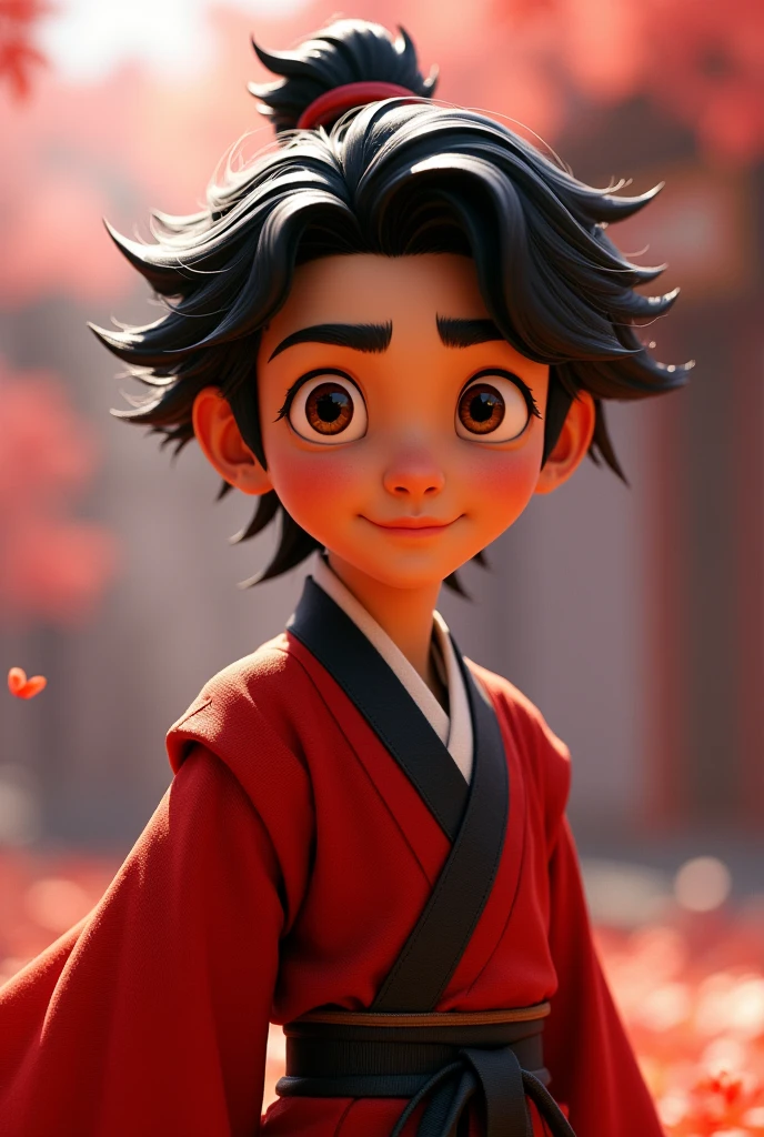 A cute and adorable and handsome samurai boy with beautiful tan skin, black hair, and hazel eyes wearing a red and black suit similar to Kubo And The Two Strings, Disney Pixar Animation Style.
