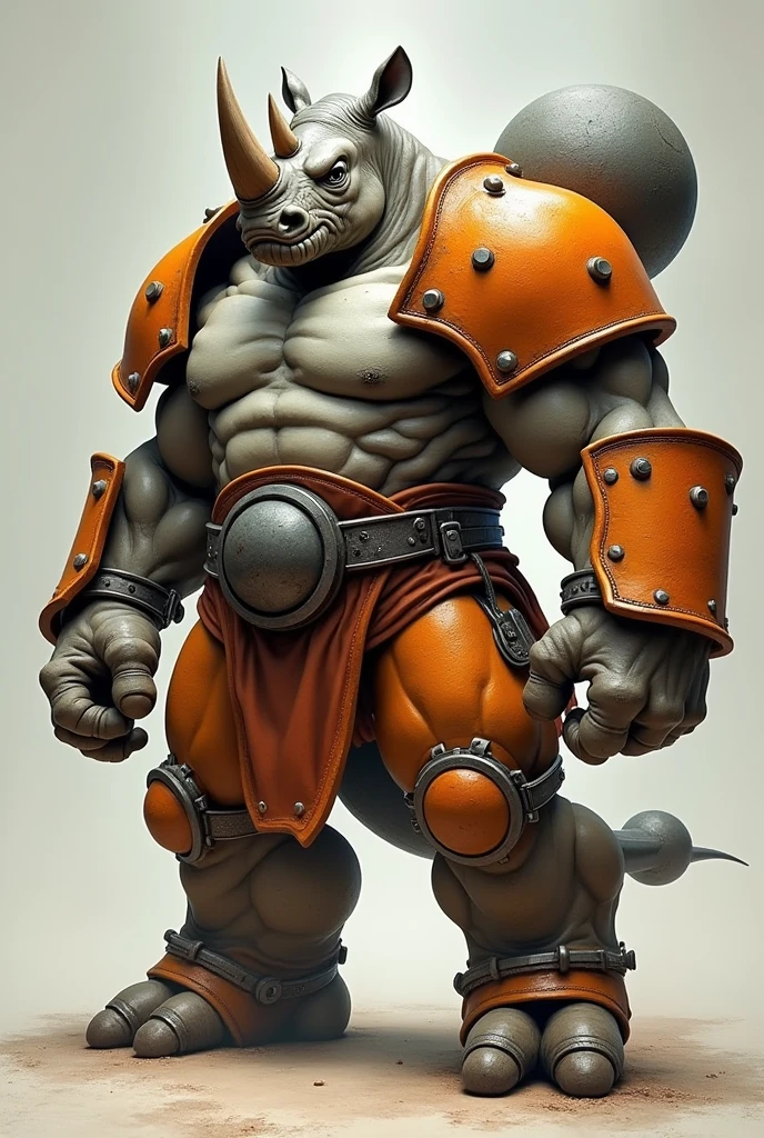 Rhinoceros inspired character with orange iron plates on his shoulder brown bars hands with stone fingers with four metal drills on his forehead black and white eyes a rhinoceros tail with a big stone ball orange legs decorated with pale brown with light grayish on his leg is a dangerous fighter side