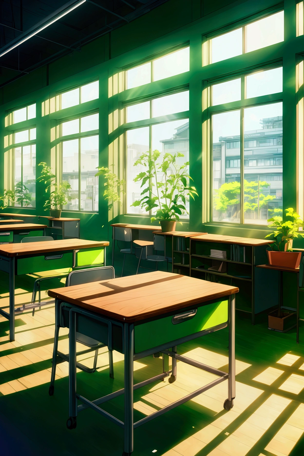 A school classroom with green plants and sunlight shining through the windows, a desk in front of it, anime style, high resolution, high quality, high detail, anime aesthetic, realistic, anime art, anime style, high details, anime, anime composition, anime style, anime illustration, anime aesthetic,