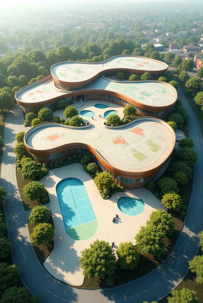 
Sports and cultural complex, with covered courts, heated pool, skate park, square at the entrance, parking, in an organic and curvilinear style, with vegetation on a quadrangular-shaped plot of land