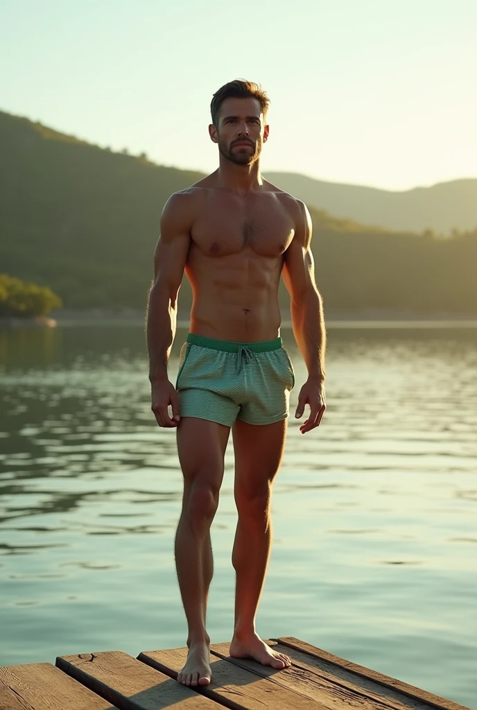 A white man, aged 36, model type, with short dark hair, with clear eyes, wearing a green and white shirt, swimming trunks, tennis, on top of a pier on a lake in Alentejo, at daybreak.