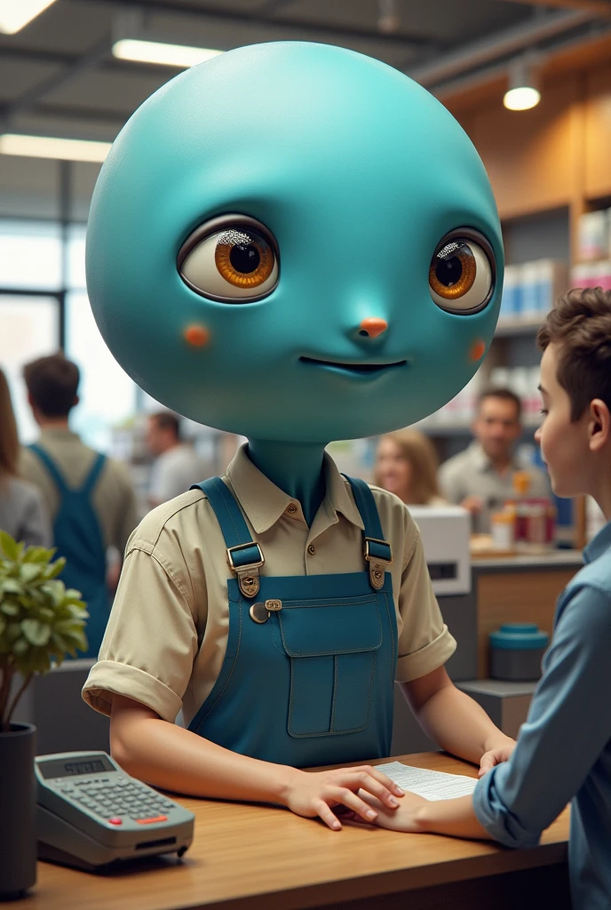 Create a person who works at the checkout in a store but the person has a big blue head with only one eye