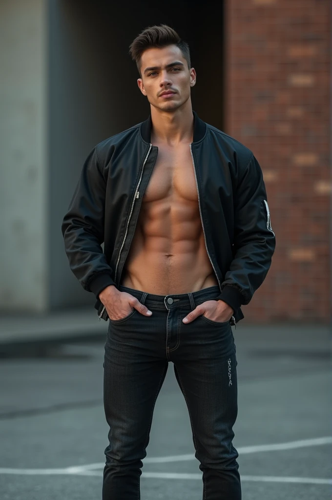 generate a master photograph describing a shapely Handsome Man, a full-body shot of a male fitness model dressed in a stylish, dark melanin, casual outfit suitable for a city day out, (8K, best quality), smile, no beard,clean-shaven, smooth complexion, clear features, young-looking, brown hair, black hair, (hard chest, six pack, v cut), wearing a trendy bomber jacket, fitted dark jeans, and fashionable sneakers, standing in front of an urban backdrop, such as a brick wall or a modern building, (He has sexy hard chest, Most sexy v-cut , Most sexy six pack), Manly, Mancore, (He has fit chest, sexy six pack, sexy v-cut, extremely sexy hips), (dark skin, glistening skin, beautiful complexion), shot on Fujifilm superia, (Studio soft light, high detail, cinematic lighting, rim lighting), Style: (hyperrealistic, by DynastySeries FashionNova, photo, {{{masterpiece photography}}}, analog photograph, professional fashion photoshoot, trending on artstation, synthwave, krrrsty), Quality: (photographed, masterpiece, highest resolution), Definition: (highres, sharp focus, 8k uhd, ultra photo-realistic resolution), Film: (80 mm, shot on portra 120, shot on Fujifilm), Resolution: (extremely detailed, (sharp focus:1.5), cinematic lighting, dramatic lighting, ultra photo-realistic), luxury: