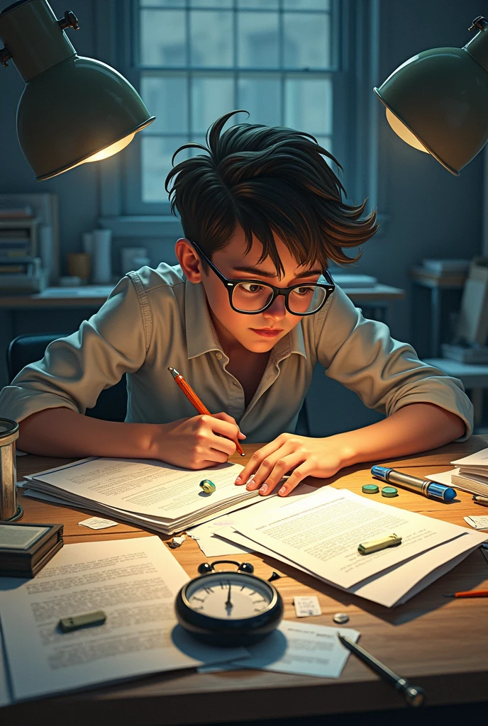 A workspace with a broken stopwatch lying around、Documents and tools scattered around、A person with a lack of concentration continues working。