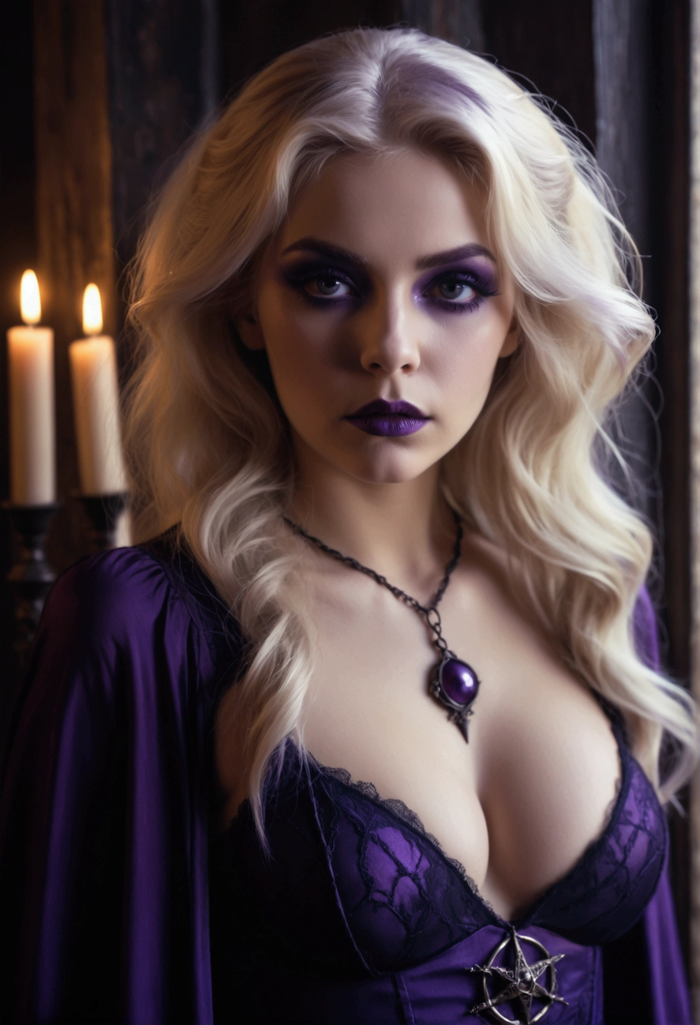 A blonde woman, a young blonde woman in purple occult witch clothes, somber atmosphere, sinister looking, The woman is looking forward, the woman is extremely beautiful with a delicate face, purple makeup, hair blonde, the woman has a very attractive body, big boobies, small cleavage in the breast area
