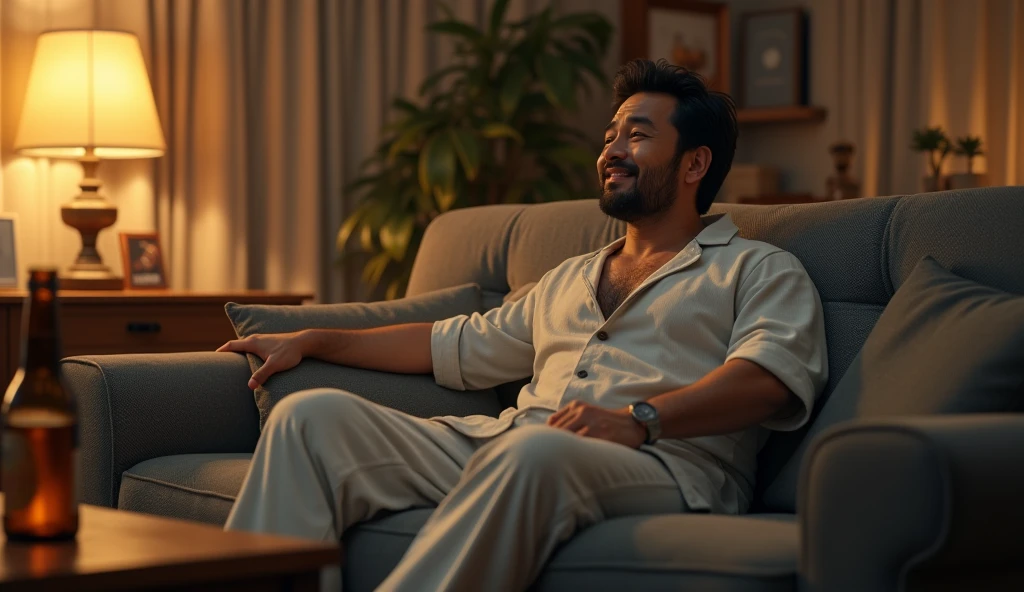 A Japanese salaryman relaxing with a drink in his living room after returning home from work. The scene is realistic, capturing a tired yet relaxed expression after a long day. The salaryman, having changed out of his suit into loungewear, is seated on the living room sofa, enjoying a beer and snacks. The background shows a cozy space lit by warm lighting, reflecting the peaceful mood of a quiet evening at home