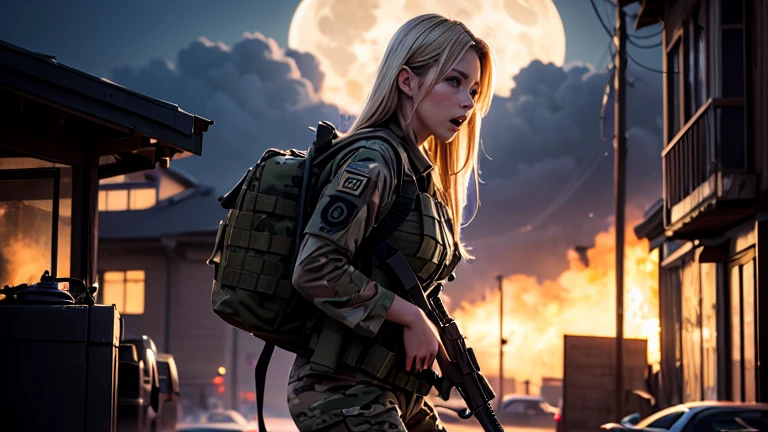 Photorealistic、Realistic skin texture、Automatic rifle、high resolution、High definition、Arabian girl in camouflage uniform、Very beautiful 1 female soldier、Blonde medium-long hair、Mouth wide open and screaming、Carrying a military backpack、Holding an M16 rifle、Aim towards the cameraman、Wear a bulletproof vest、The background is a burning building、Smoky battlefield、The background is the night sky、A big full moon in the sky、The person is a full-body angle、Walking towards here、Watching the audience