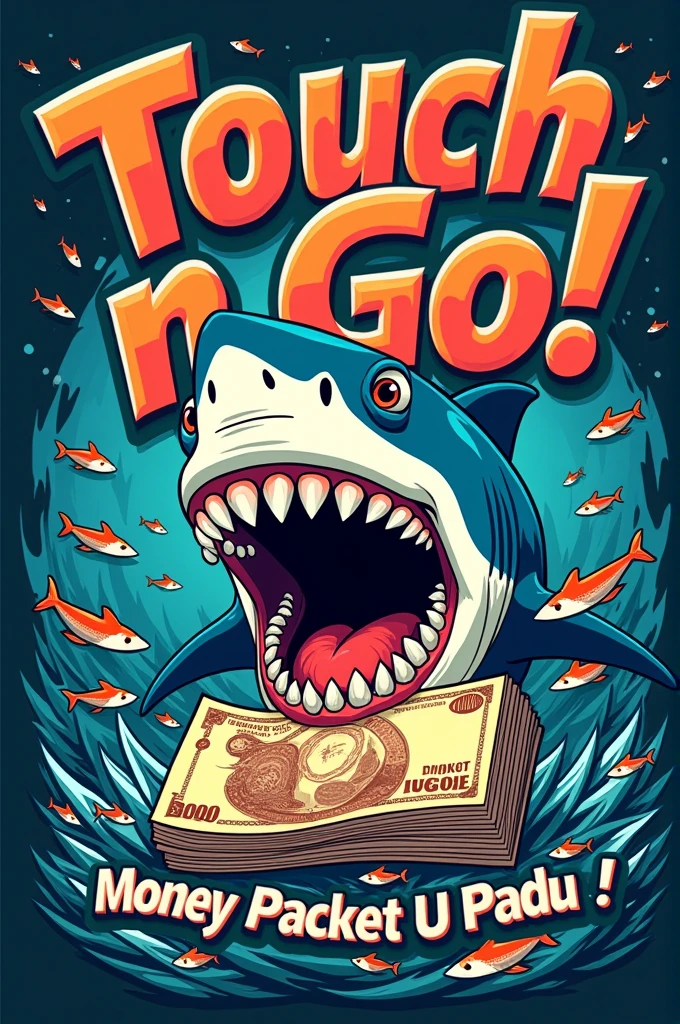 Create a vibrant and dynamic illustration featuring a fierce, cartoon-style shark biting into a stack of money ringgit malaysia. Surround the shark with a chaotic background filled with small fish, representing financial opportunities. Include bold, retro-style text at the top saying 'TOUCH N GO!' and at the bottom, 'MONEY PACKET U PADU!' Use a mix of sharp lines and bright colors to give the design an energetic and eye-catching appeal."