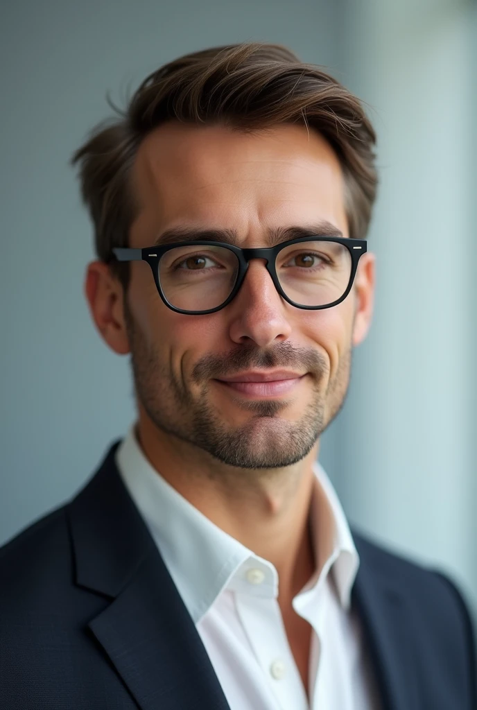 Here's a detailed prompt for generating an image of a man wearing glasses:

---

A portrait of a man wearing glasses. He has short, neatly combed hair and a clean-shaven face. His skin is medium to fair, with a warm undertone. He is wearing a crisp, white button-up shirt with the collar slightly unbuttoned, paired with a dark blazer. The glasses are rectangular with thin black frames, sitting comfortably on his nose. His expression is calm and thoughtful, with a slight smile. The background is a soft gradient of light blue and gray, creating a serene and professional atmosphere.

---

This prompt should help create a clear and detailed image of the man you're imagining.