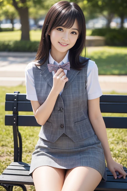 Realistic and clear photos，Japanese，1 female, 3，office worker, reception, (White and grey checked vest:1.2) (Navy pencil skirt) bow tie, Mature Woman, sitting on a park bench，Very attractive thighs extending from the skirt，/(Black Hair/) bangs, A gentle blushing smile, (Masterpiece Top quality:1.2) Delicate illustrations, super detailed, Detailed Background
