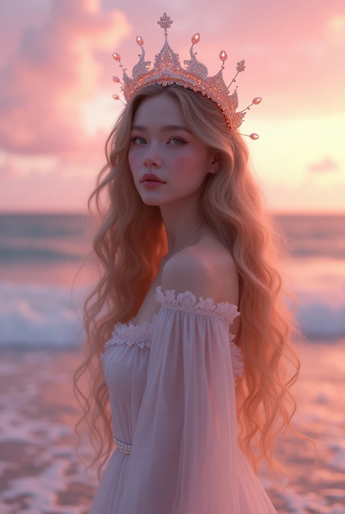 sea background, with pink would be with long wavy hair and light brown，crown on head