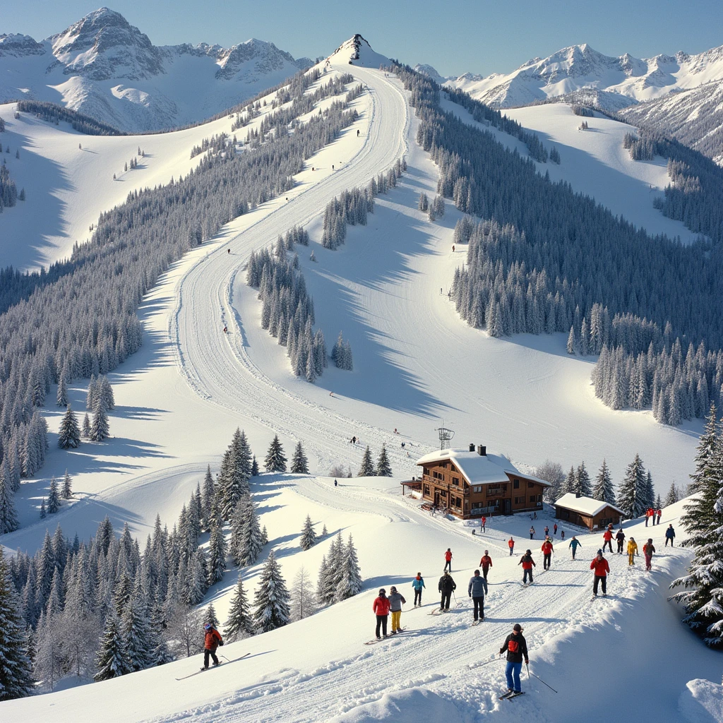 Ski trails can be seen going down the mountainside, surrounded by fresh snow. There are skiers of diverse descents and genders enjoying the trails, and one can spot ski lifts and chalets at the foot of the mountain. The scene is magnificent and invites one to ski in a wonderfully natural setting.