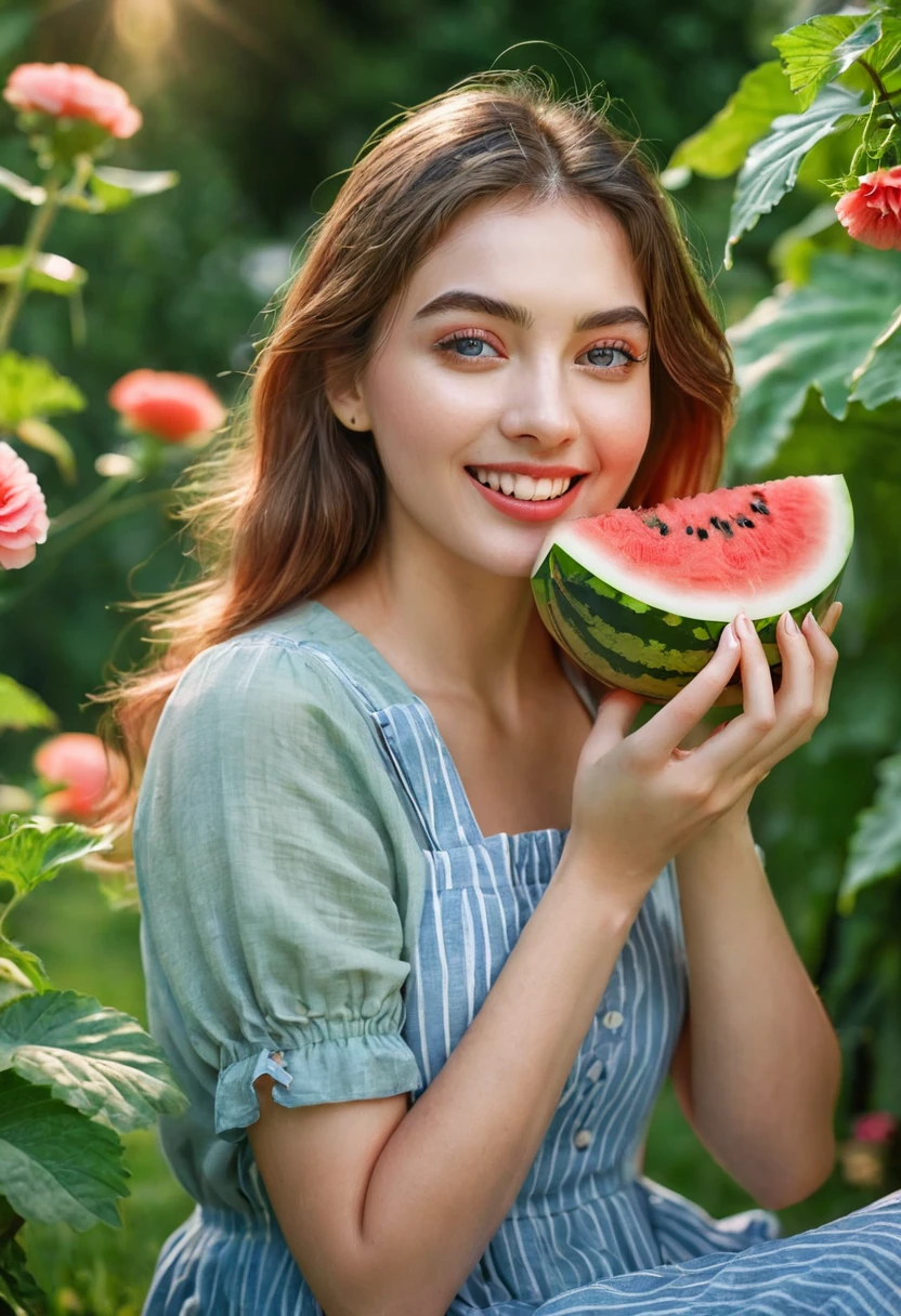 a beautiful girl eating watermelon, detailed eyes, lush garden, sunlight, warm afternoon, (best quality,4k,8k,highres,masterpiece:1.2),ultra-detailed,(realistic,photorealistic,photo-realistic:1.37),vibrant colors,natural lighting,blurred background,1girl,beautiful detailed eyes,beautiful detailed lips,extremely detailed face and eyes,long eyelashes,smiling,eating watermelon,sitting in a garden,flowers,trees,sunlight,warm colors,peaceful atmosphere