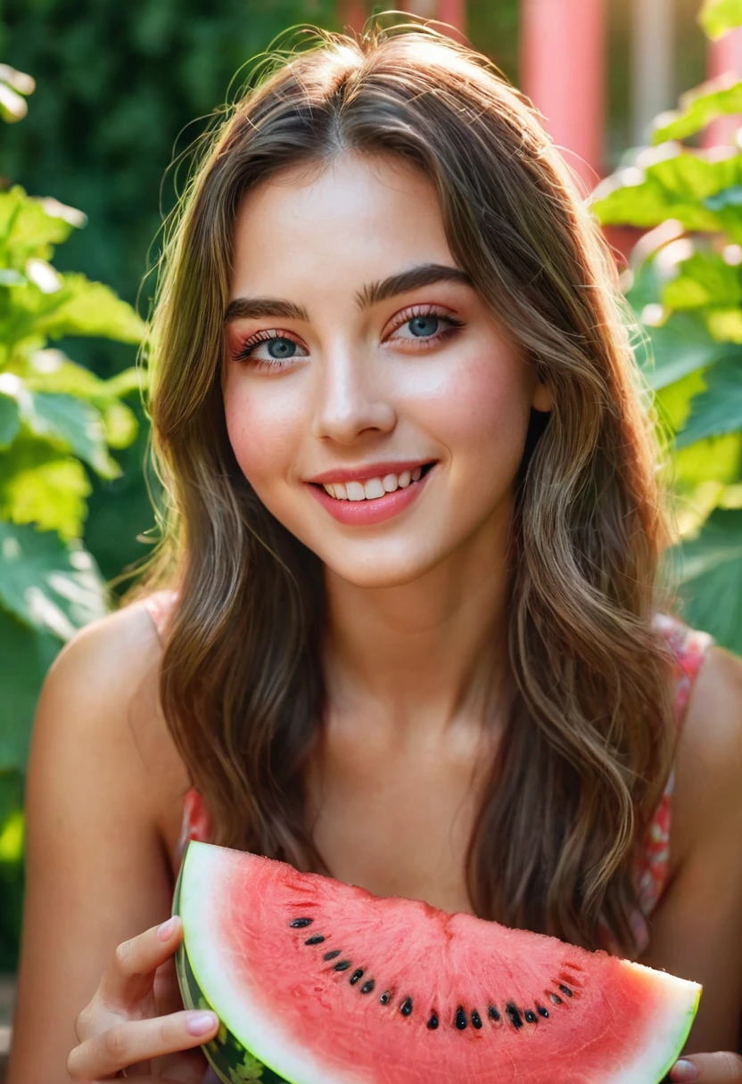 a beautiful girl eating watermelon, detailed eyes, lush garden, sunlight, warm afternoon, (best quality,4k,8k,highres,masterpiece:1.2),ultra-detailed,(realistic,photorealistic,photo-realistic:1.37),vibrant colors,natural lighting,blurred background,1girl,beautiful detailed eyes,beautiful detailed lips,extremely detailed face and eyes,long eyelashes,smiling,eating watermelon,sitting in a garden,flowers,trees,sunlight,warm colors,peaceful atmosphere