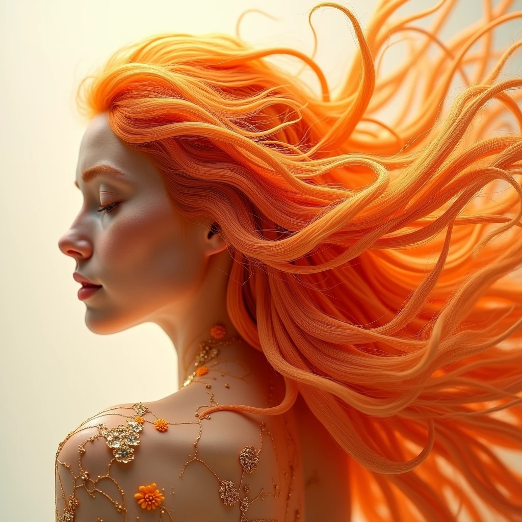 A vibrant orange, with collagen fibers wrapping around thick, full strands of hair, illustrating the connection."