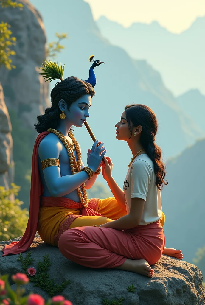 create a 3d image of 20 year old Indian devotional girl who is sitting next to krishna ji and Krishna ji playing the flute, they both sit together on the mountain,girl wearing T-shirt Name "Shikha" written on it, heaven like beautiful view background, peacock dancing,realistic image and boy is in barefoot.