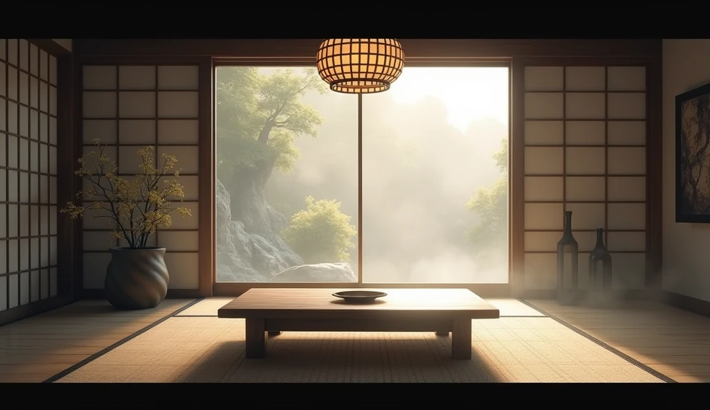 Japanese Interior, living room, table wooden, vapor, ornament, mirror, Brilliant, detailed, Traditional,Dim Light, masterpiece, Highest quality),