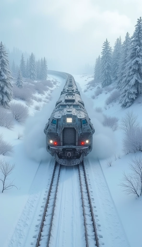sci-fi, fantasy, snowpiercer, a modern armoured train with 1,000 cars traversing a snowy wilderness, an apocalyptic vision of a frozen and snow-covered world, a moving train breaking through snowdrifts, a bird's-eye view of a snowy and frozen land and a moving train, drives very fast through a desolate wilderness, no people
