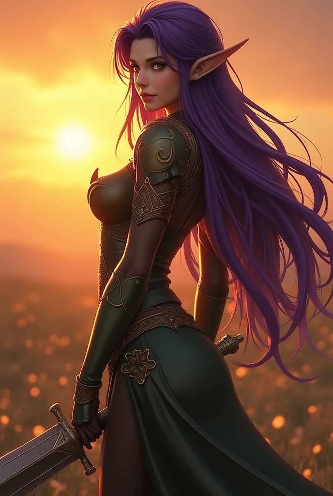 Final Fantasy game theme. Image of a 2 Violet haired elf standing holding her favorite sword,huge perky breasts, wide hips, narrow waist, perfect big glutes,golden bright glowing eyes, lond dark purple hair flowing with the wind,sunset,golden hour, perfect composition, He wore light armor in dark green and gold.,dramatic tones.A masterpiece with the highest resolution. , Surrealist image type