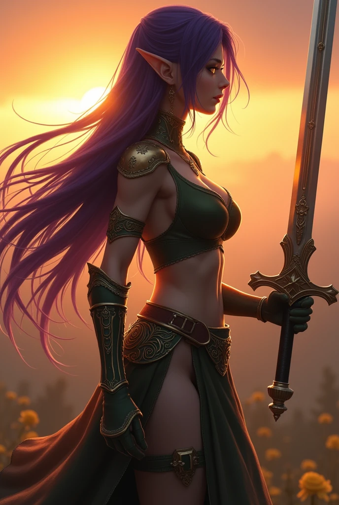 Final Fantasy game theme. Image of a 2 Violet haired elf standing holding her favorite sword,huge perky breasts, wide hips, narrow waist, perfect big glutes,golden bright glowing eyes, lond dark purple hair flowing with the wind,sunset,golden hour, perfect composition, He wore light armor in dark green and gold.,dramatic tones.A masterpiece with the highest resolution. , Surrealist image type