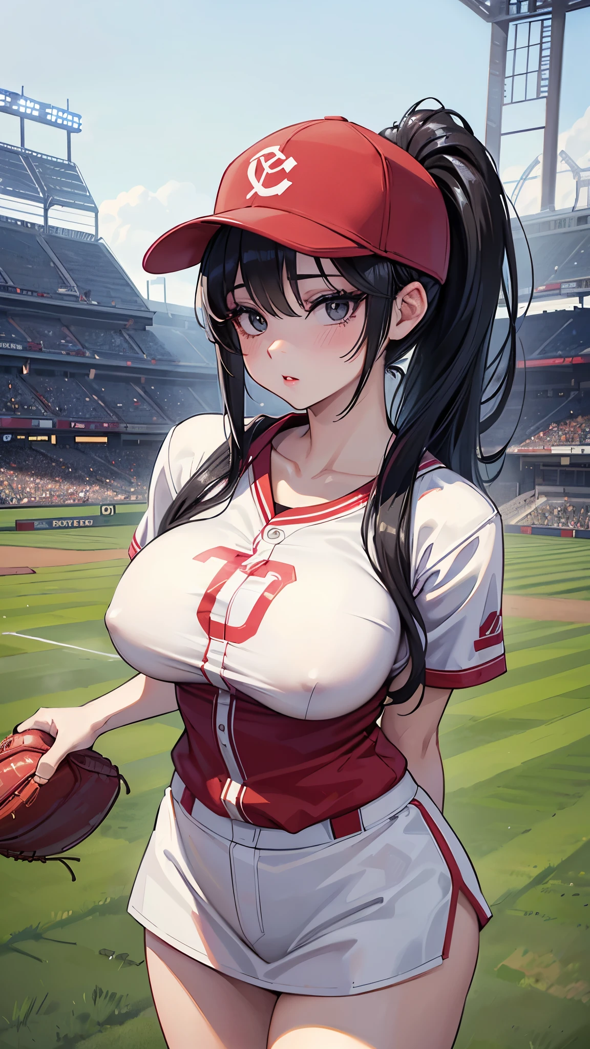 (masterpiece, 最high quality, 超High resolution, Very detailed), (Realistic:1.1, photoRealistic:1.4), Perfect illustration, Perfect lighting,Perfectly detailed hair, Perfect and exquisite face, Perfect collarbone, Perfect body,Juicy breasts, Perfect Thighs, Beautiful legs, View your audience, 1 person,Perfect Face, (Perfect Anatomy, Anatomically correct), Symmetrical face、((Shiny Hair)),Sexy Body、(masterpiece),(最high quality:1.3),8k,Very clear,(Ultra-realistic),Captivating woman,(high quality, High resolution, The finer details), Realisticなスタイルの女性,Juicy breasts、Perfect Woman、Perfect Face、Symmetrical face、、((Big breasts))、blush、((Juicy lips))、Cowboy Shot、(((Black hair in a ponytail)))、((Large, double-set black eyes、Long eyelashes))、(Red Makeup)、(((Baseball cap、White Uniform)))、((baseball player))、(Healthy and well-developed body)、((Big tits jk))、(Outdoor、baseball Ground)