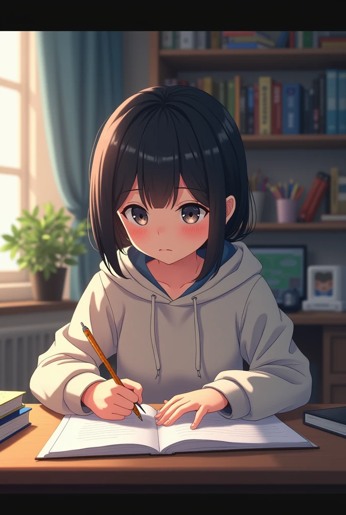 masterpiece, ultra real, anime, girl, in the room, doing homework, just use hoodie,