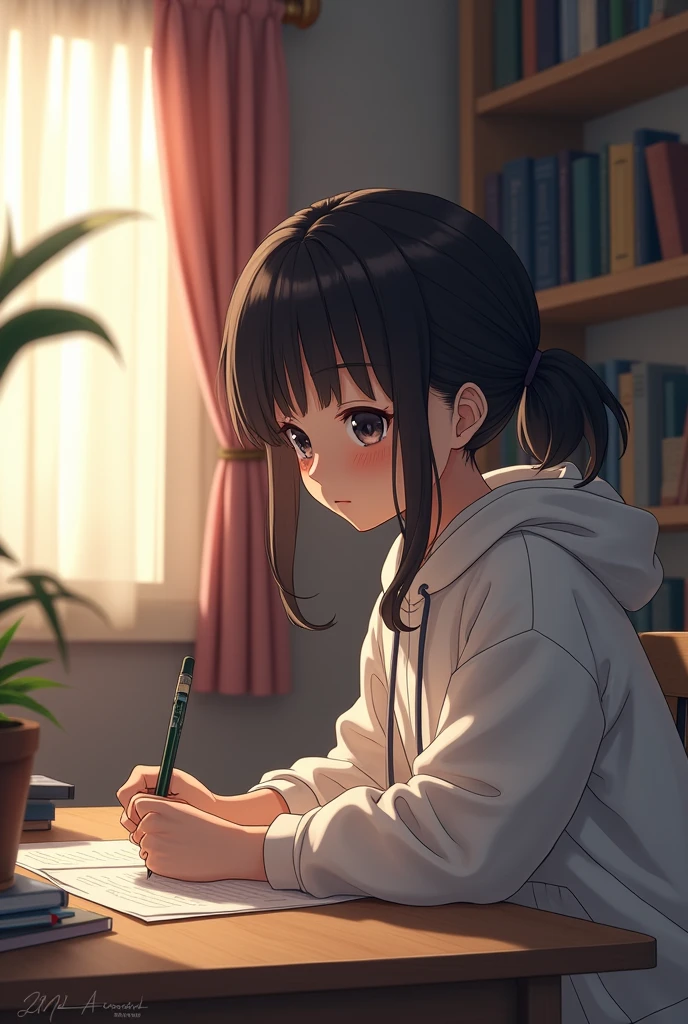 masterpiece, ultra real, anime, girl, in the room, doing homework, just use hoodie, 
