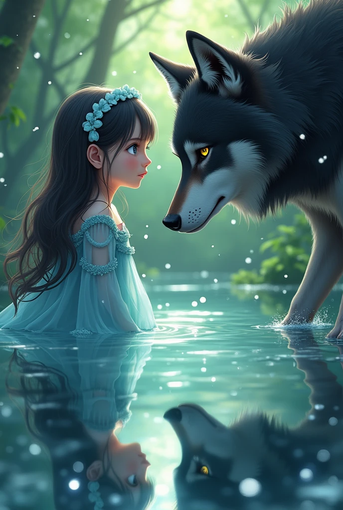 A anime girl dressed white pale blue aqua dress with a giant black gray wolf with golden eyes looking at each other with curiosity in the enchanted forest with sparkling water around her that is her reflection 